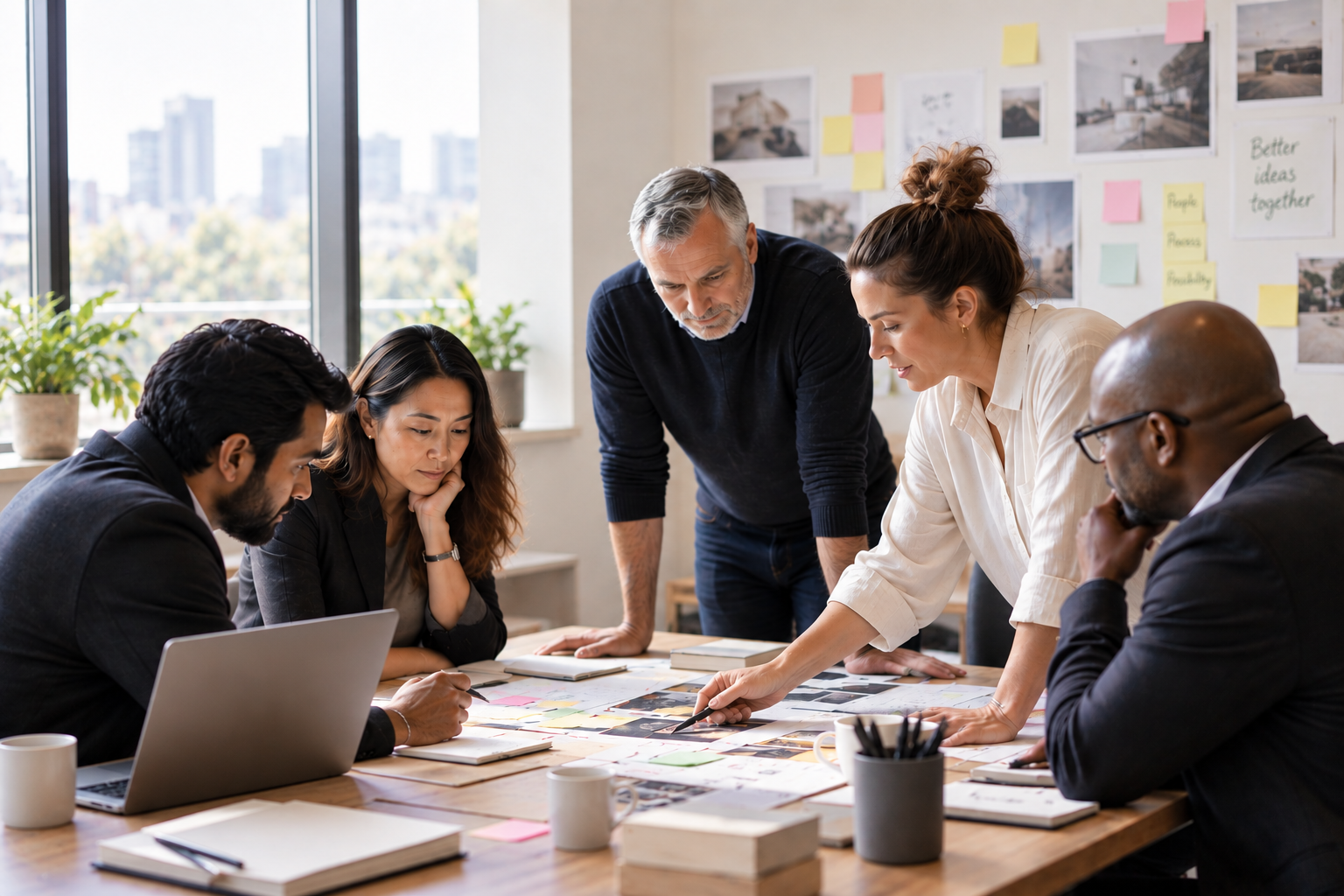 Five diverse professionals collaborating around a workshop table
