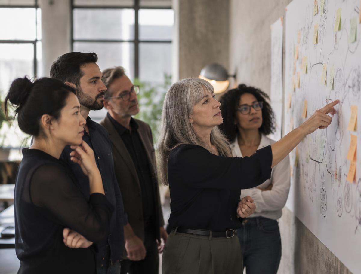 A facilitator guiding a diverse team through a complex idea map